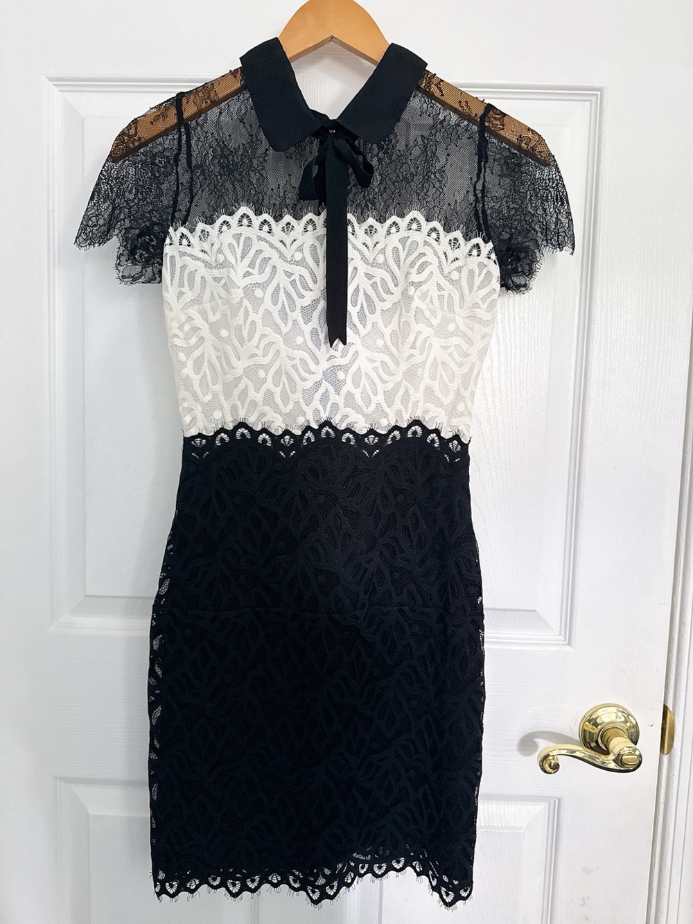 Sandro Black and White Lace Mini Dress with Peter Pan Collar